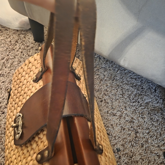 Vintage John Romain Straw Purse Bag Woven Double Leather Straps Turnlock EUC - Picture 11 of 16